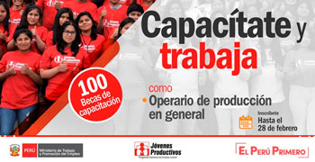 Jóvenes Productivos ofrece 100 BECAS de capacitación como Operario de Producción en General