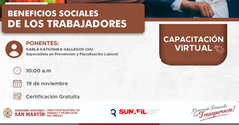 Capacitación online gratis "Beneficios sociales de los trabajadores" del DRTPE  de San Martín