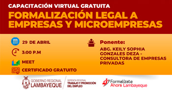 Capacitación online gratis "Formalización legal a empresas y microempresas" de la GRTPE Lambayeque