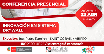 Conferencia presencial gratis "Innovación en sistema DRYWALL" del Sencico 