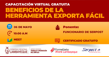 Capacitación online gratis "Beneficios de la herramienta exporta fácil" de la GRTPE Lambayeque