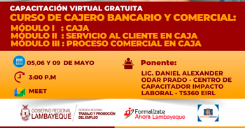 Capacitación online gratis "Cajero bancario y comercial" de la GRTPE Lambayeque