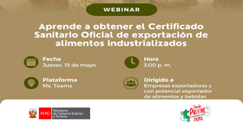 Webinar online Aprende a obtener el Certificado Sanitario Oficial de exportación de alimentos industrializados