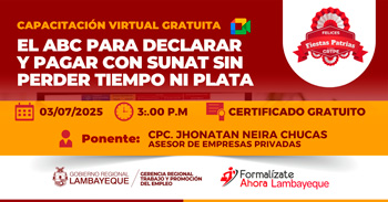Capacitación online "El ABC para declarar y pagar con sunat sin perder tiempo ni plata" de GRTPE Lambayeque