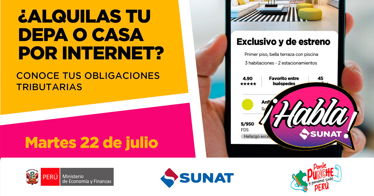 Evento online gratis "¿Alquilas tu depa o casa por internet? Conoce tus obligaciones tributarias" de la SUNAT