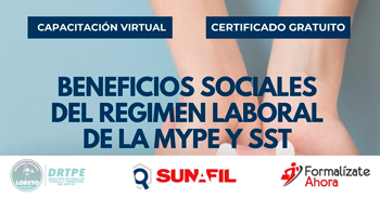  Capacitación online gratis "Beneficios Sociales del Régimen Laboral de la MYPE y SST" de la DRTPE Loreto