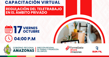 Capacitación online gratis "Regulación del teletrabajo en el ámbito privado" de DRTPE Amazonas
