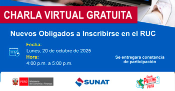 Charla online gratis "Nuevos Obligados a Inscribirse en el RUC" de la SUNAT